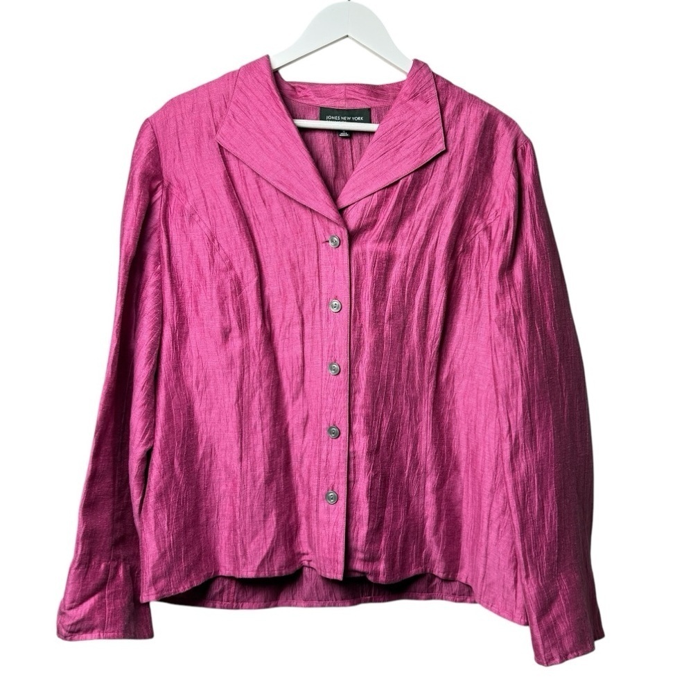 Linen Blend Blazer Jones New York Women’s Sz 16 Hot Pink Long Sleeve Crinkle